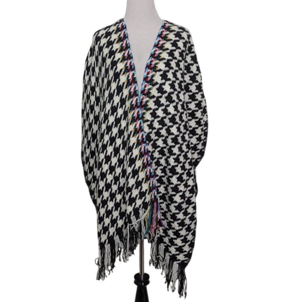Chicos Houndstooth Ruana Wrap Womens One Size Multicolor Fringe Knit Sweater
